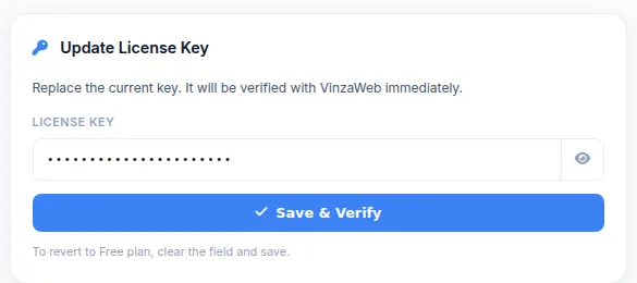 Update License Key card on the Panel License page, with the masked license key field and the Save & Verify button