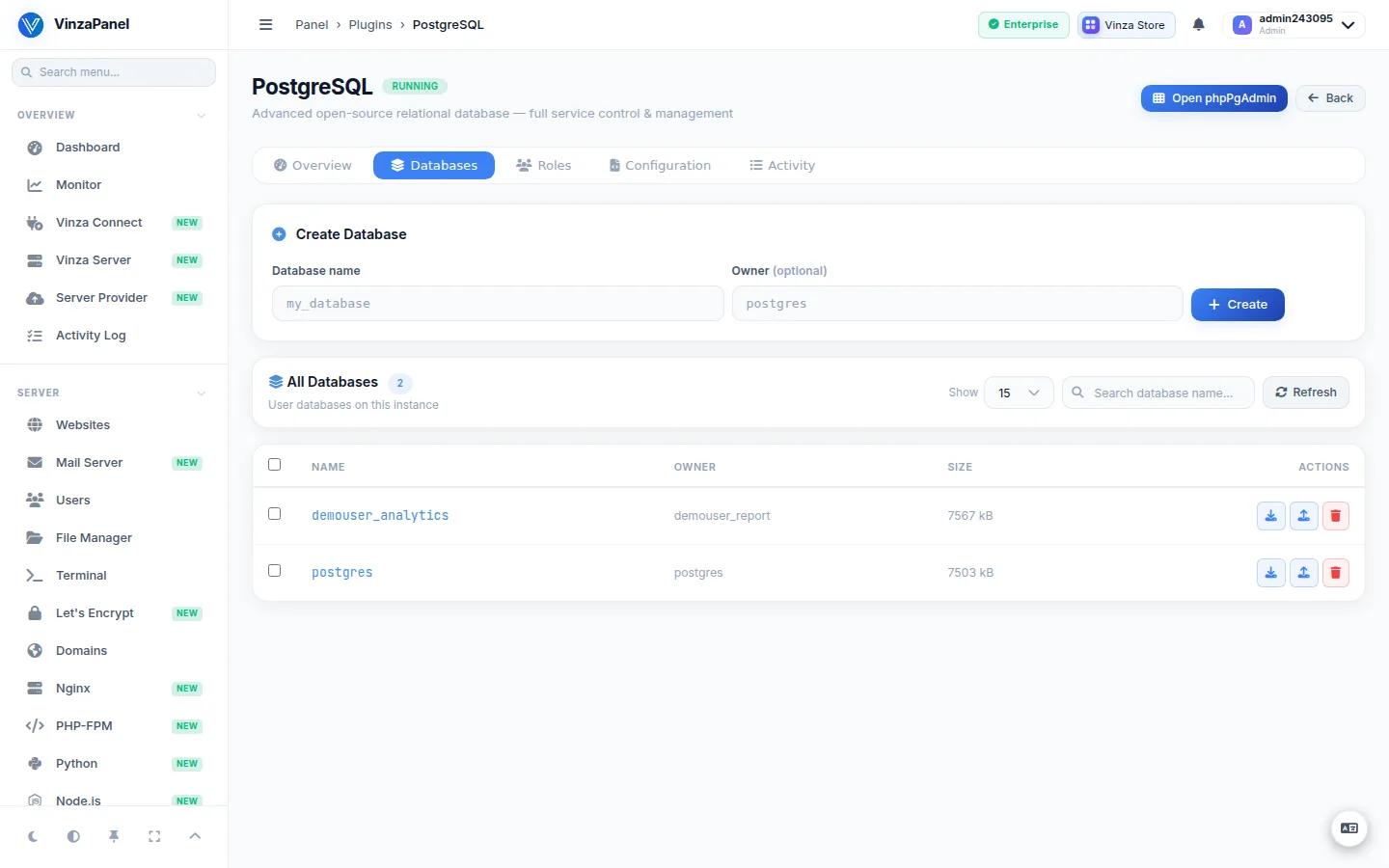 PostgreSQL app Databases tab listing databases with the pg_dump backup and pg_restore buttons in each row