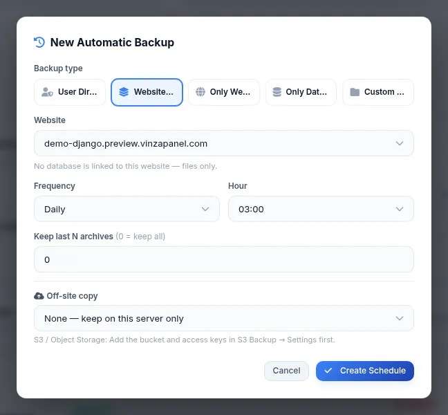 New Automatic Backup dialog with backup type, website, frequency, hour, retention and off-site copy fields