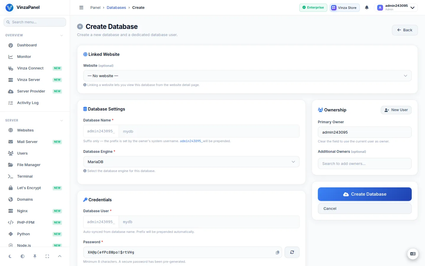 Create Database form with linked website, database name, engine, owner and credentials
