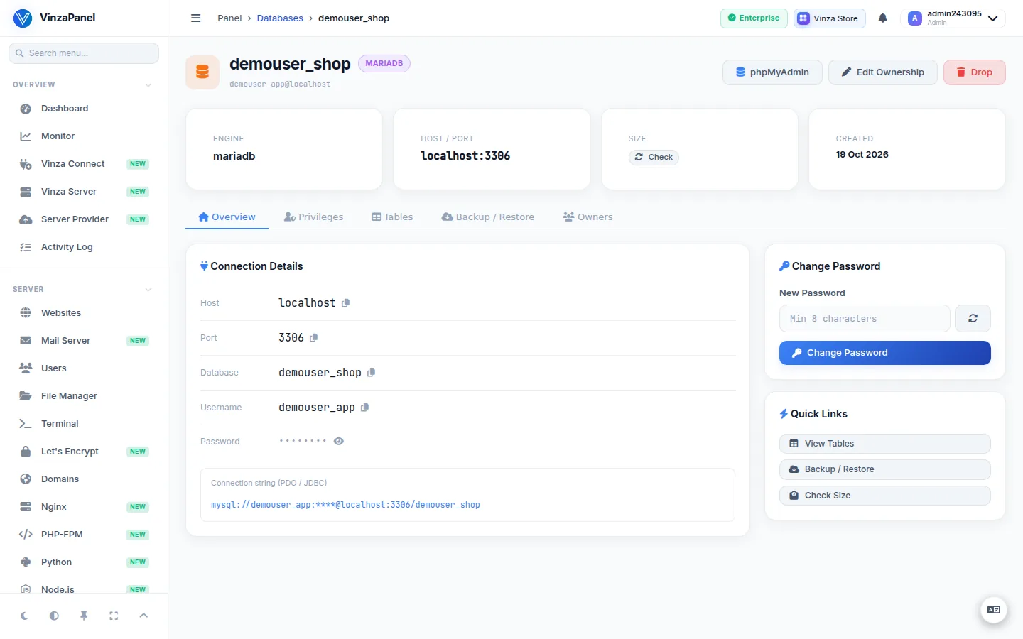 Database detail page showing Connection Details (host, port, database, username) and the Change Password card