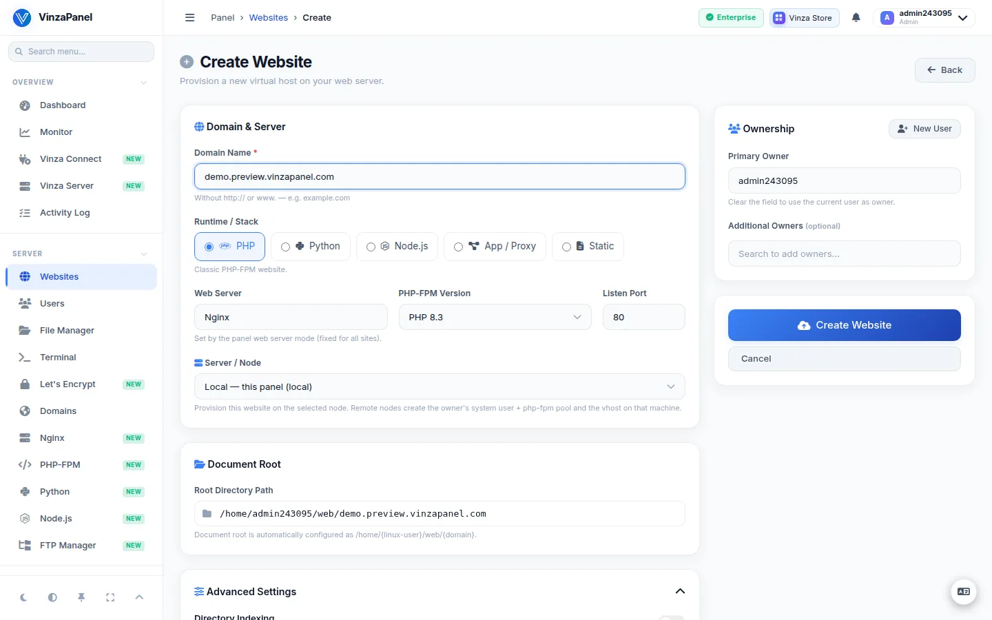 Create Website form with the domain name, runtime / stack and PHP-FPM version