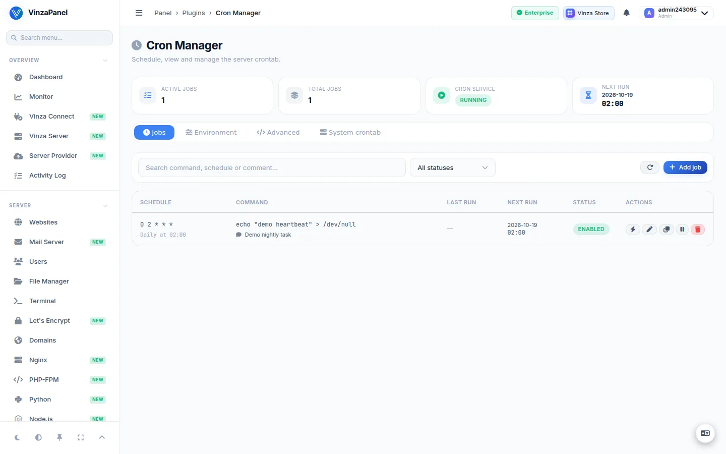 Cron Manager Jobs tab listing a demo job with its schedule, command, last run, next run and status