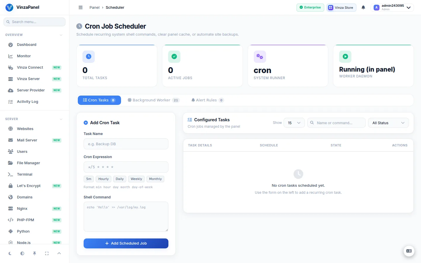 Scheduler page with the Cron Tasks, Background Worker and Alert Rules tabs and the Add Cron Task form