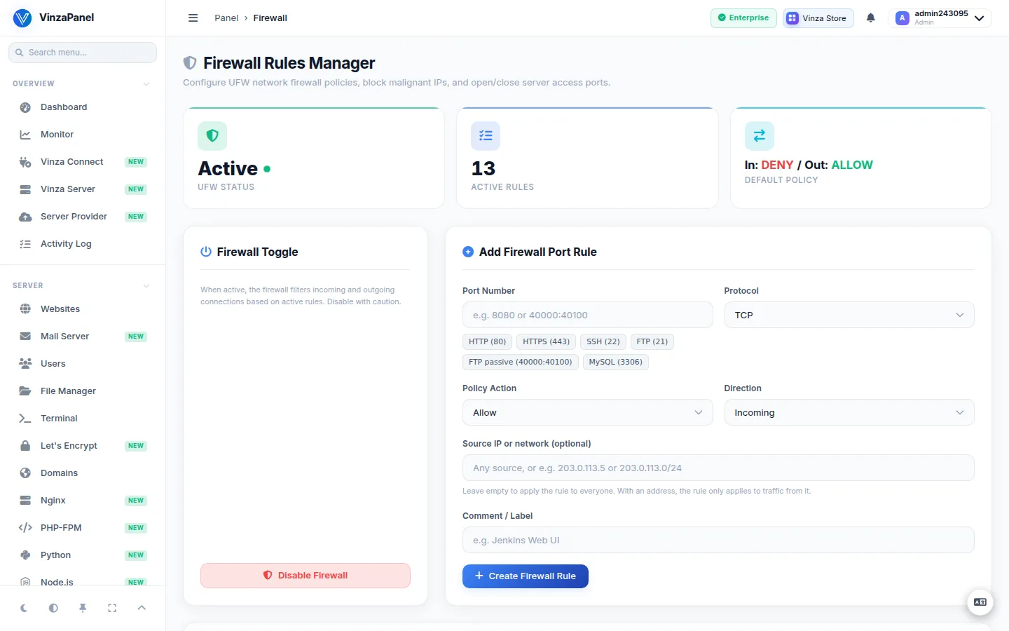 Firewall Rules Manager showing UFW active, the rule count, the Firewall Toggle and the Add Firewall Port Rule form