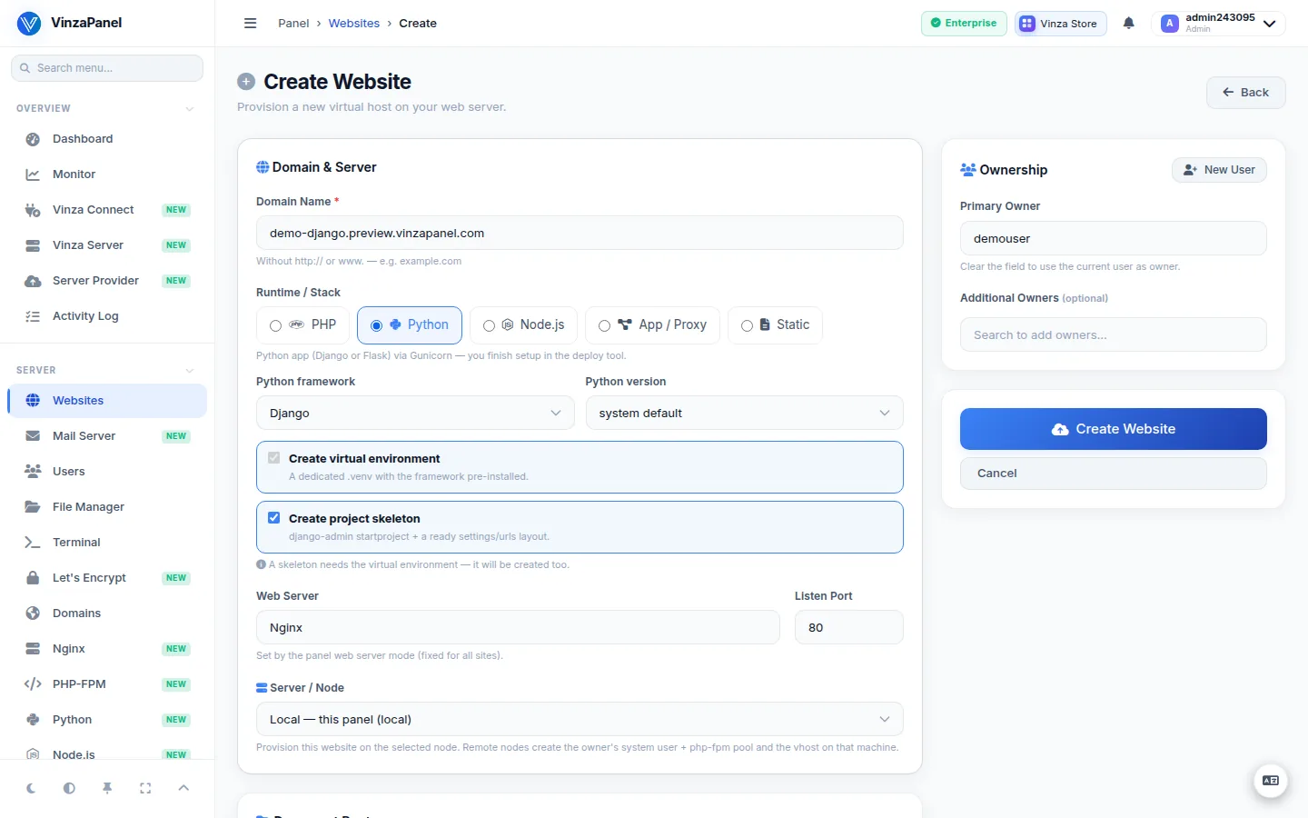 Create Website form with the Python runtime selected, Django as the framework and the Python version