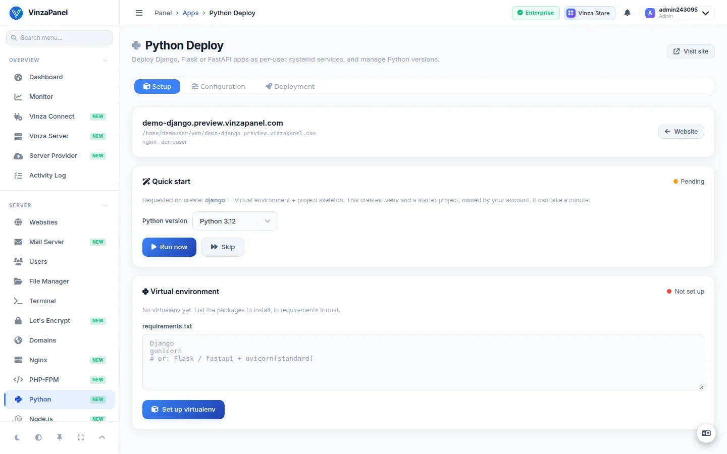Python Deploy page of a new site with the Quick start, Virtual environment and requirements steps