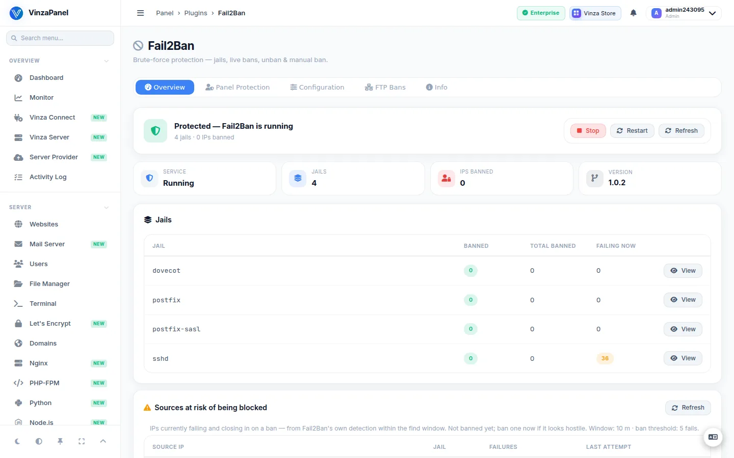 Fail2Ban Overview tab showing the service running, the active jails and banned IP counters