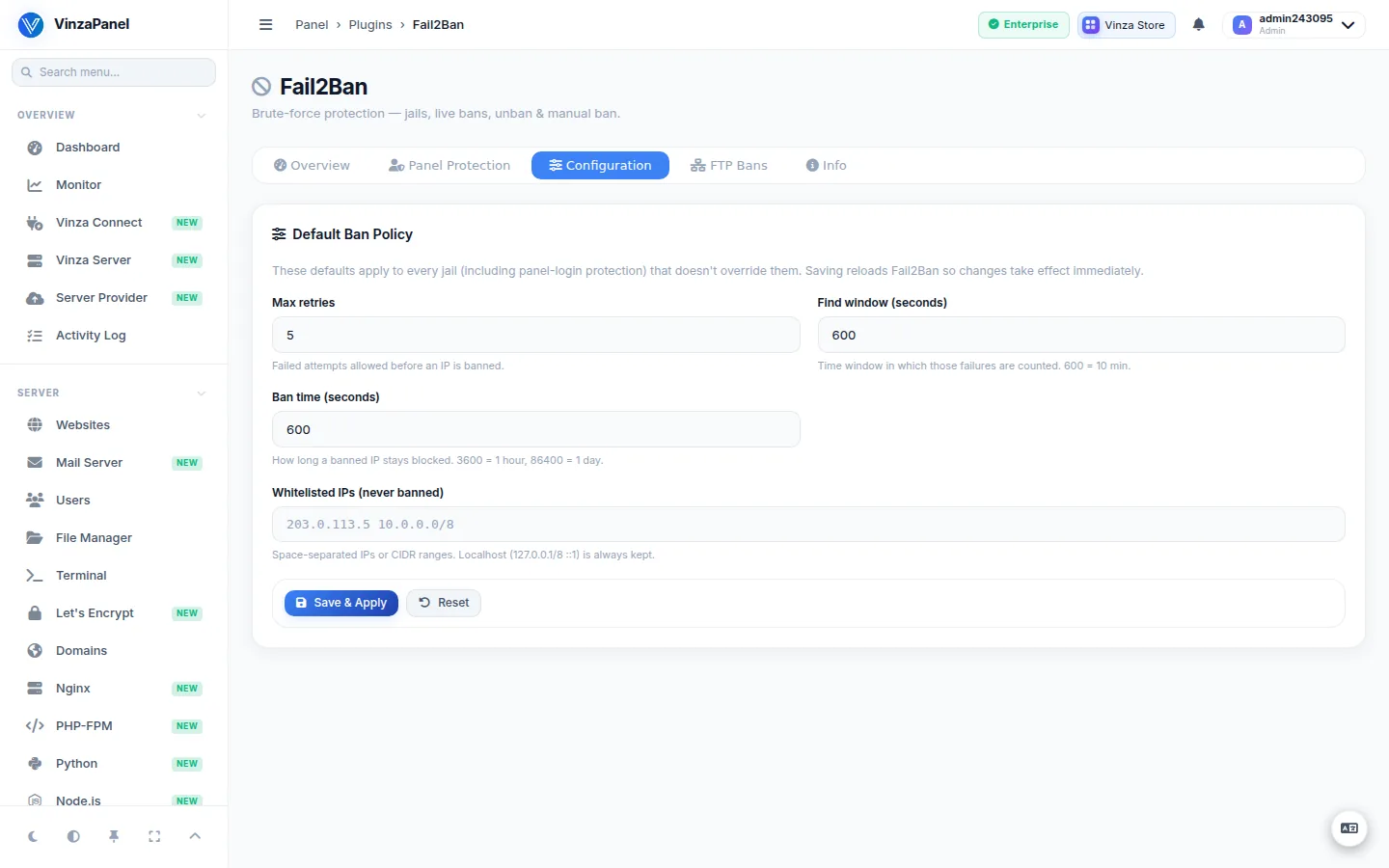 Fail2Ban Configuration tab with the Default Ban Policy form (max retries, find window, ban time) and the whitelist