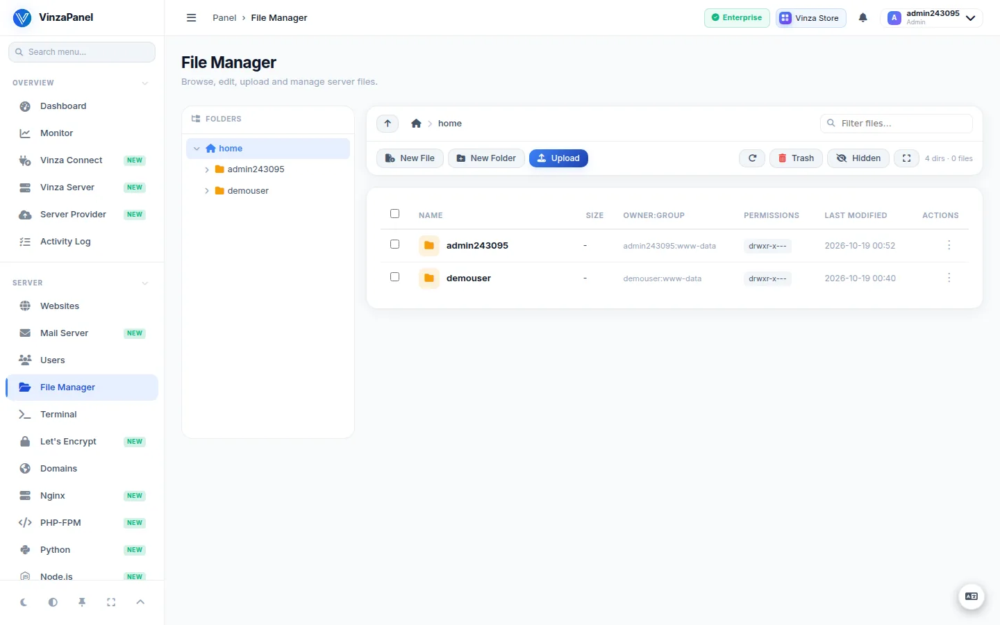File Manager with the folder tree on the left and the file list with owner and permission columns