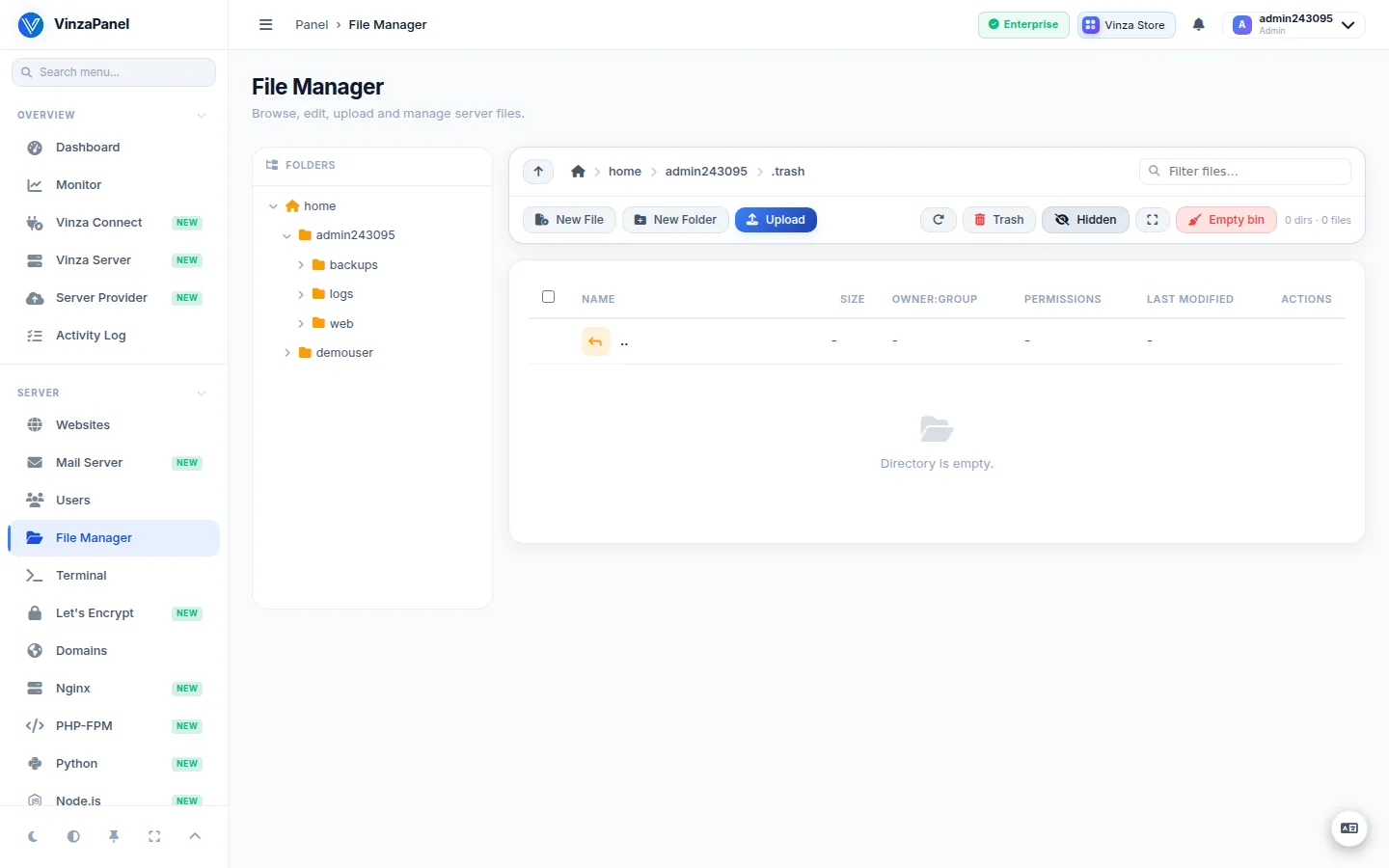 File Manager trash folder with the Empty bin button in the toolbar