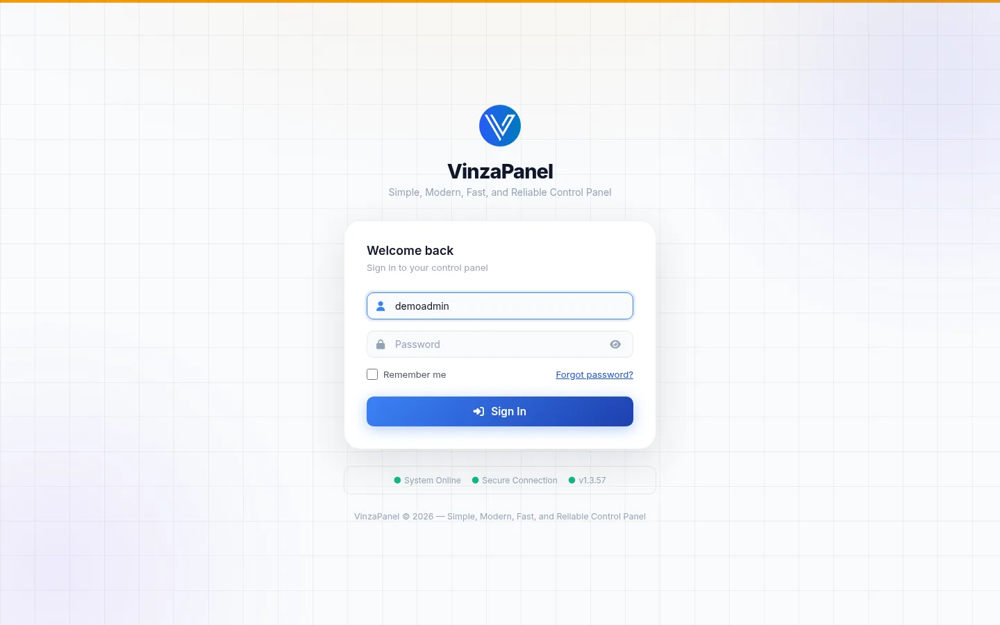 VinzaPanel admin login page with the username and password fields and the Sign In button