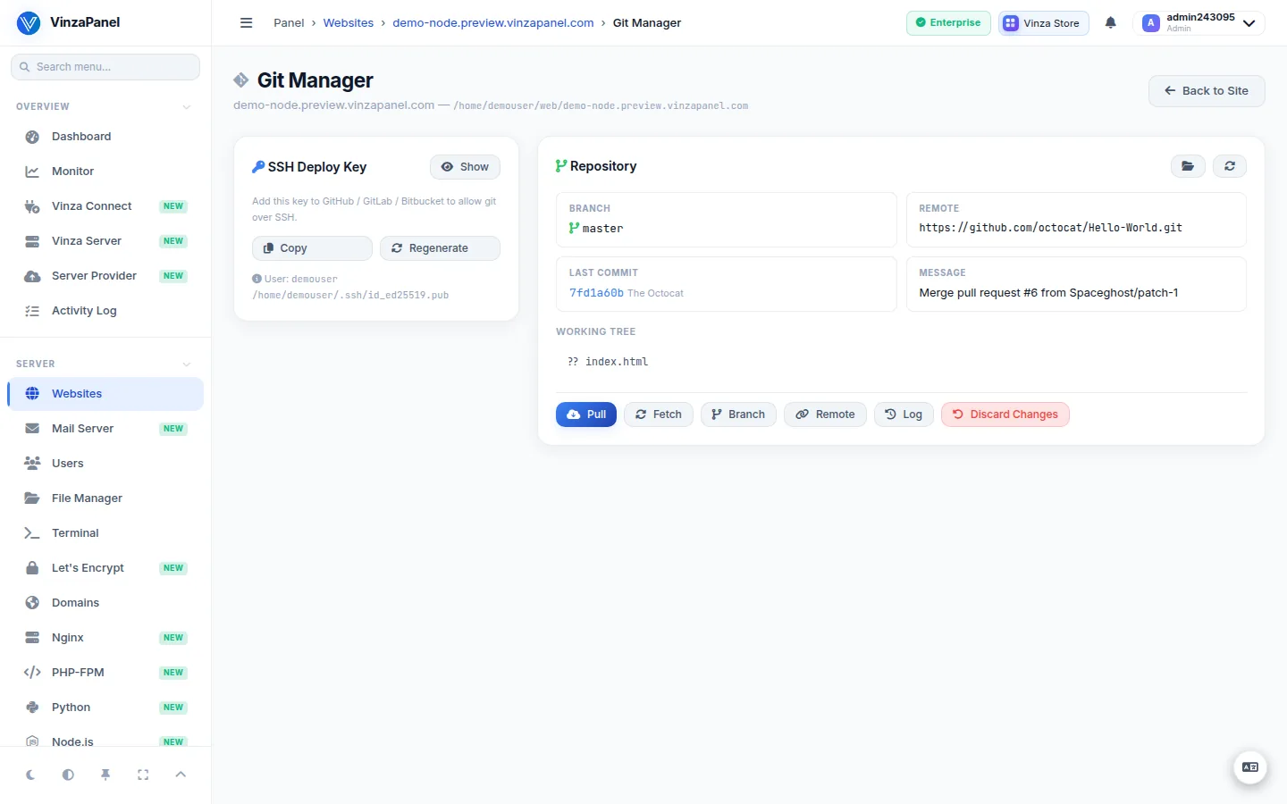 Git Manager page of a website showing branch, remote, last commit, the Pull and Fetch buttons and the SSH deploy key