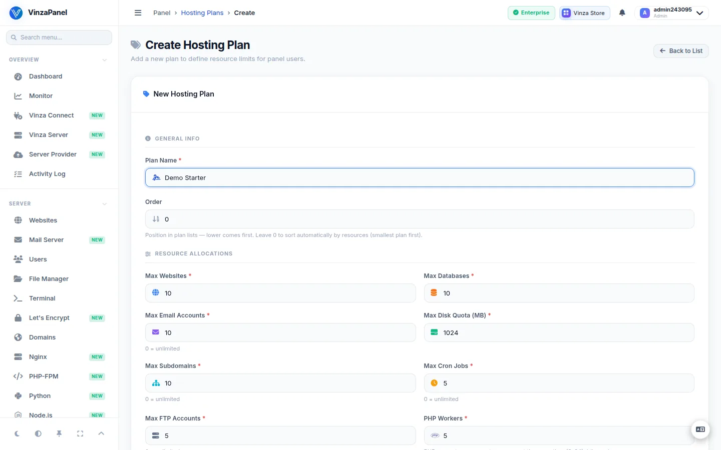 Create Hosting Plan form with the plan name and resource allocation limits