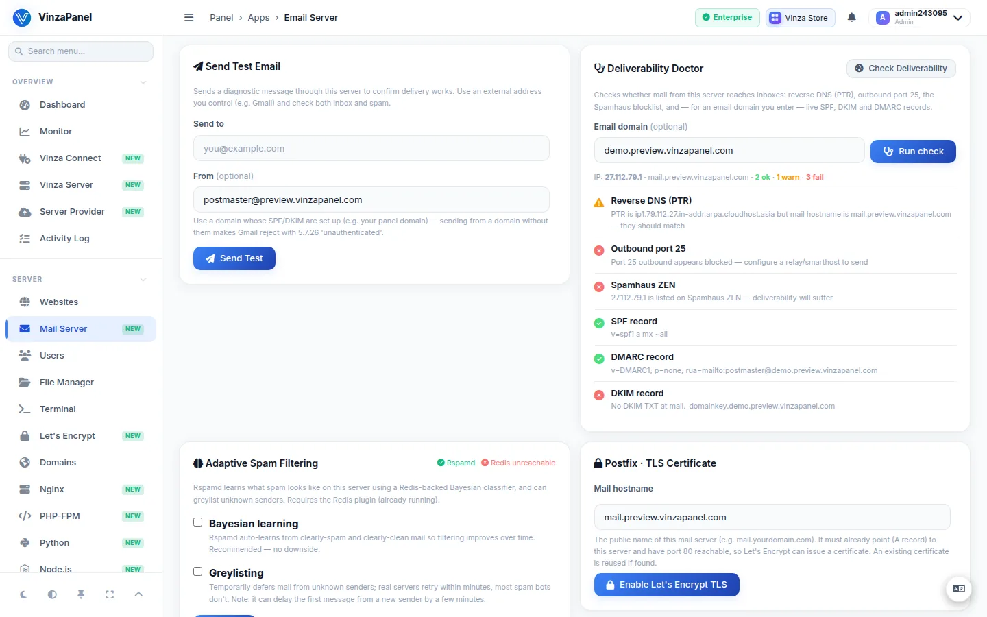 Deliverability Doctor results for a domain, checking PTR, port 25, Spamhaus, SPF, DKIM and DMARC