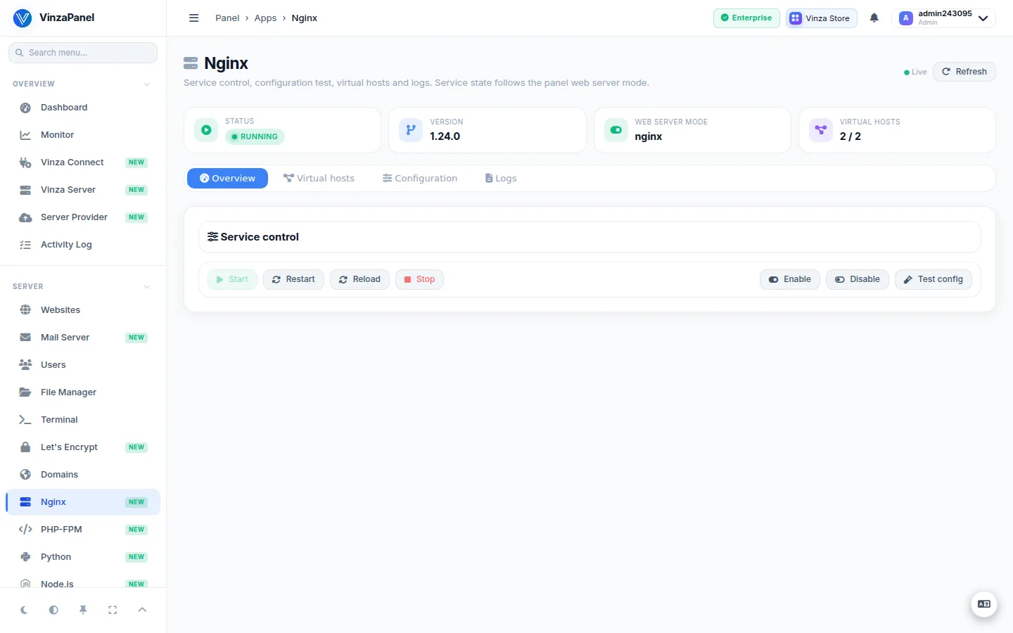 Nginx app page with status, version, virtual host count and the Service control buttons