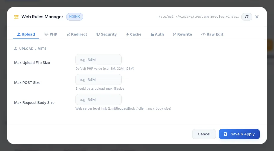 Web Rules Manager dialog for a website, on the Upload tab with the upload and request size limits