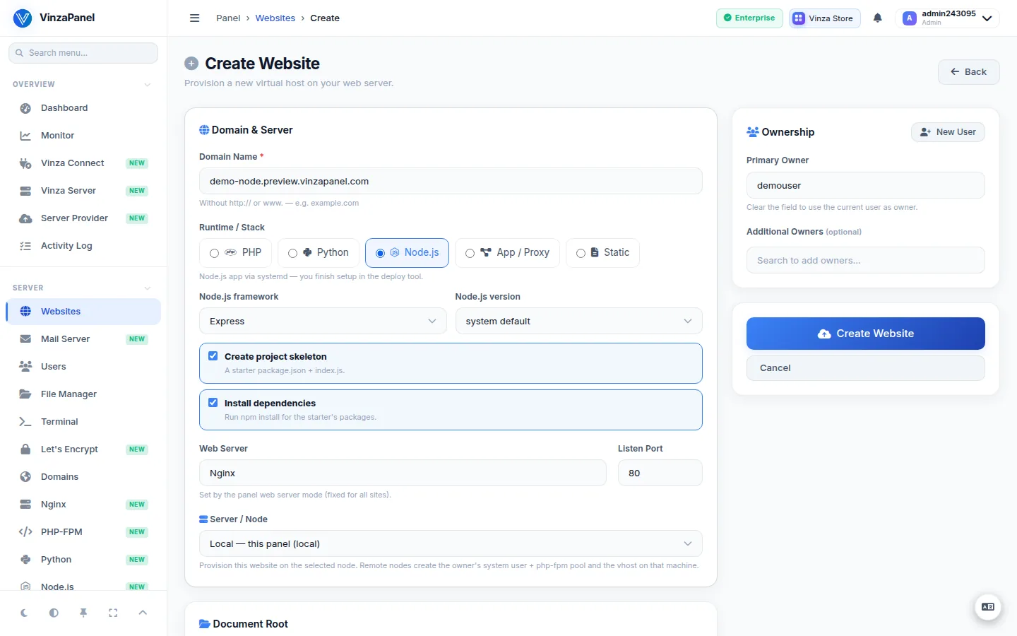Create Website form with the Node.js runtime selected, the framework and Node.js version options