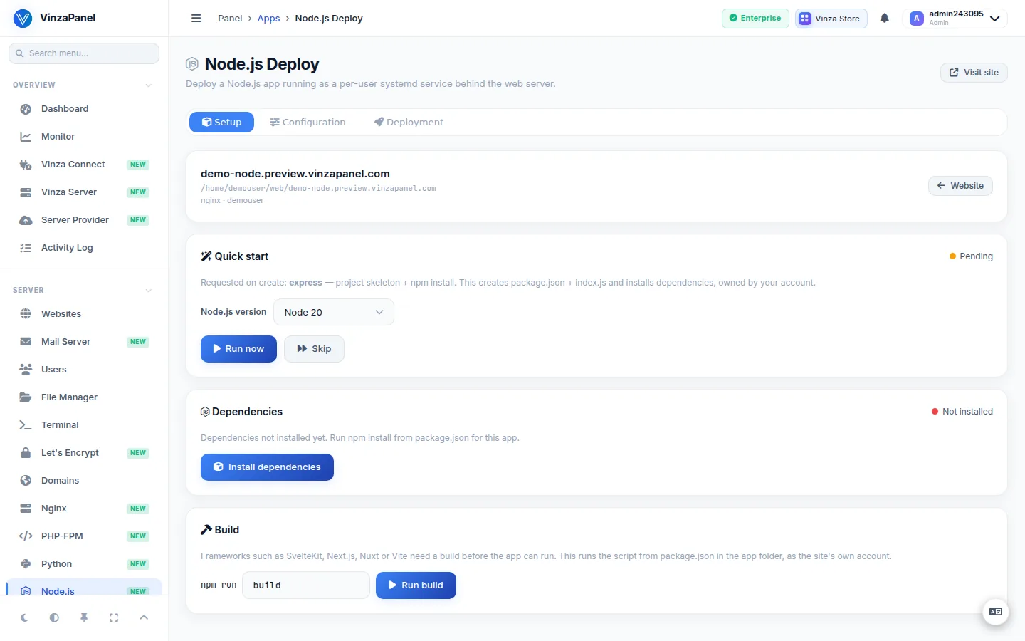 Node.js Deploy page of a new site with Quick start, Dependencies and Build steps
