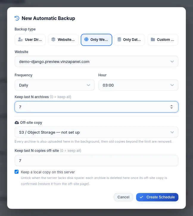 New Automatic Backup dialog with an S3 off-site copy destination, off-site retention and the keep local copy option