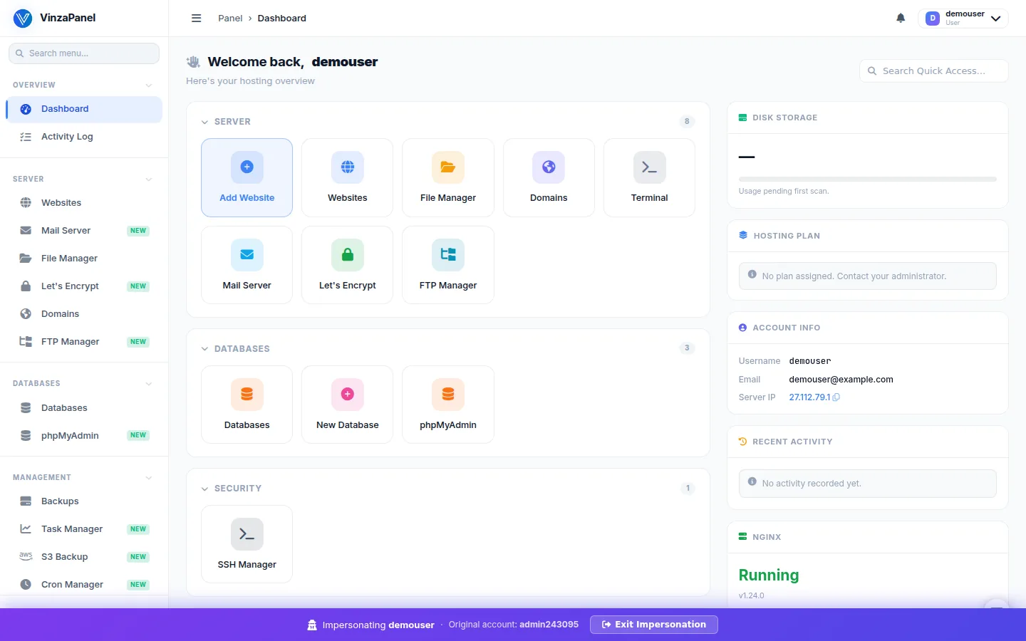 A customer's dashboard opened with Login As, with the impersonation bar and the Exit Impersonation button at the bottom