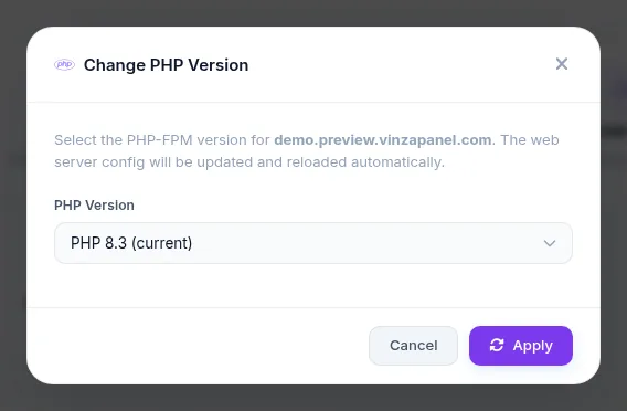 Change PHP Version dialog for a website with the PHP version selector