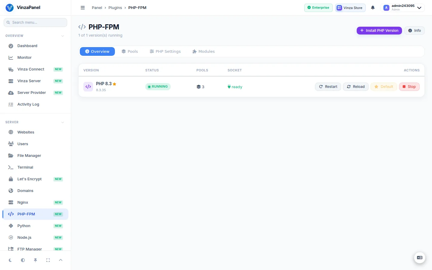PHP-FPM page Overview tab listing the installed PHP versions with their status and actions