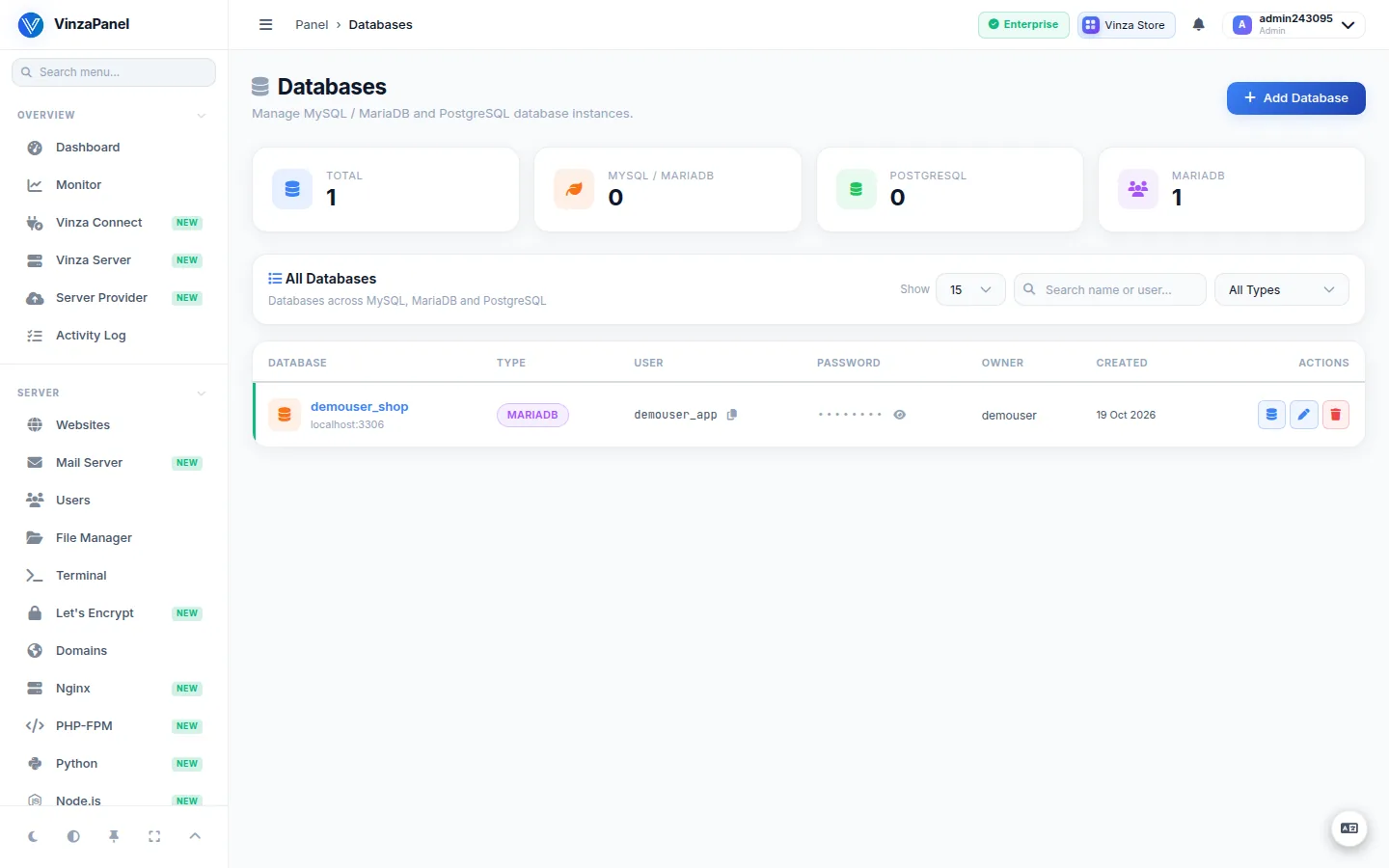 Databases list with the database row actions, including the phpMyAdmin auto-login button