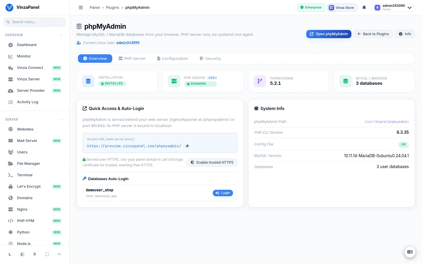 phpMyAdmin app page with installation status, Quick Access & Auto-Login and the per-database Login buttons