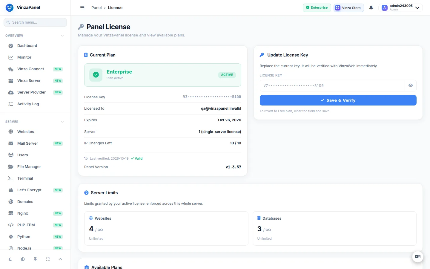 Panel License page with the current plan, license details, Update License Key card and Server Limits