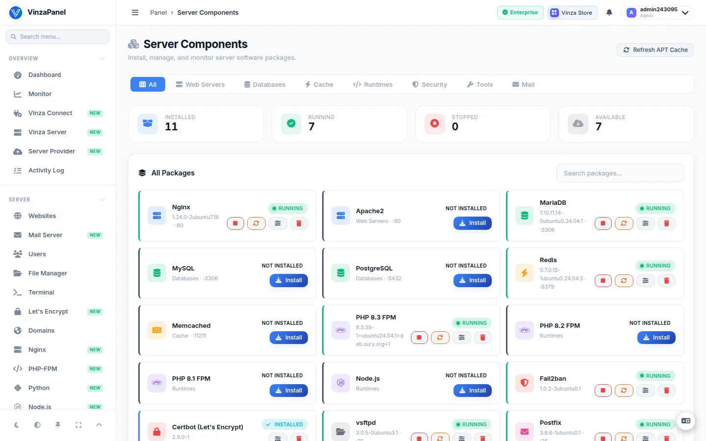 Server Components page listing installed services with their status and start, stop and restart buttons