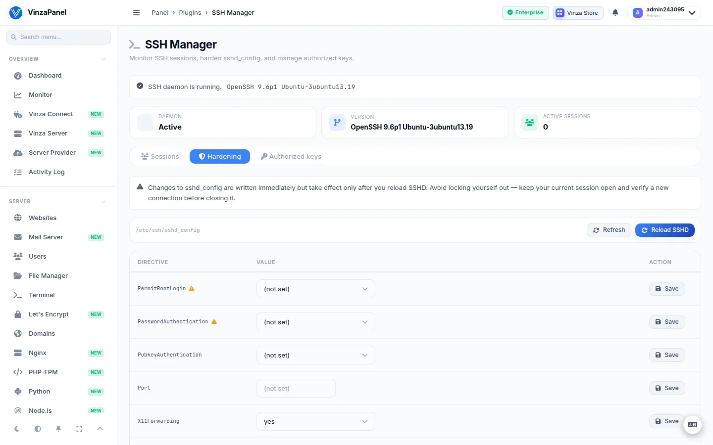 SSH Manager Hardening tab with the sshd_config directive table, per-directive Save buttons and the Reload SSHD button