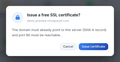 The Issue a free SSL certificate? confirmation shown from the SSL card of a website