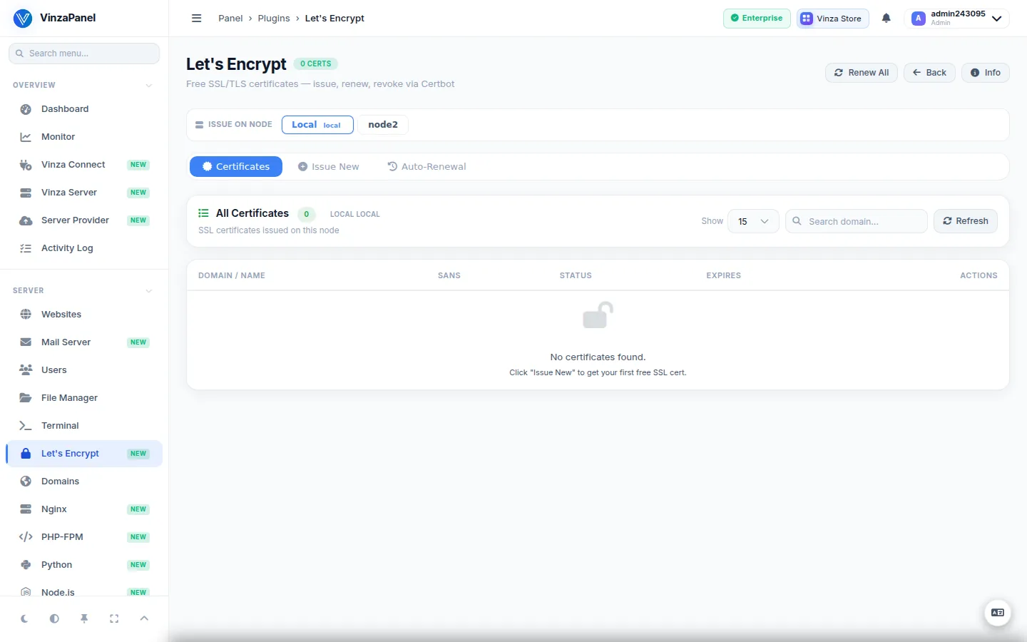 Let's Encrypt page with the certificate list and the Issue New tab