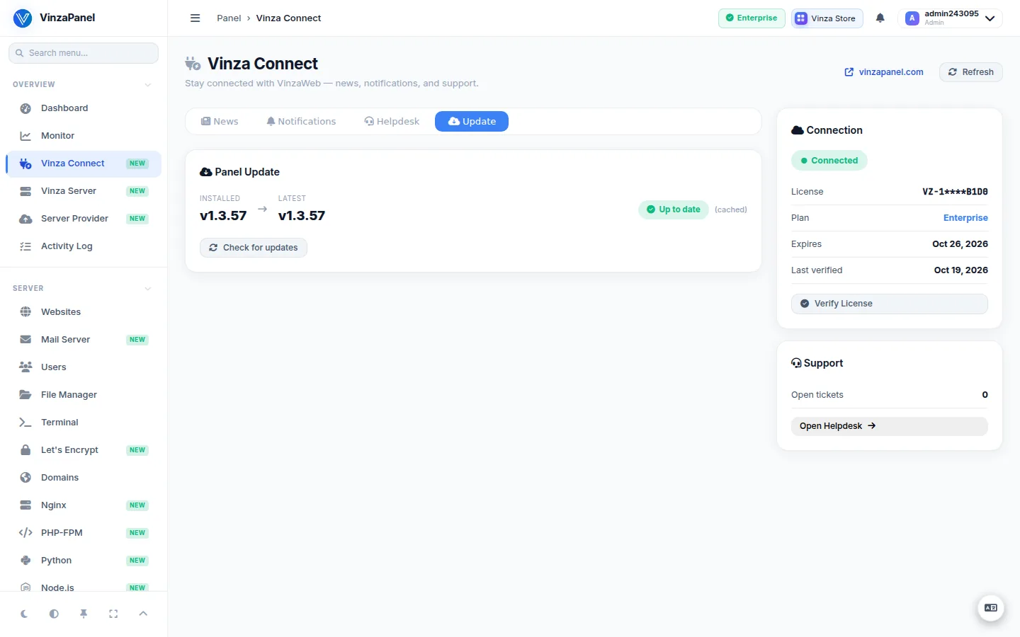 Vinza Connect Update tab comparing the installed and latest panel version