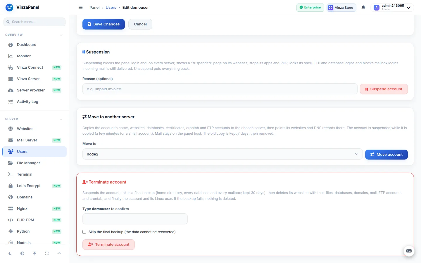 Edit User page showing the Suspension, Move to another server and Terminate account cards