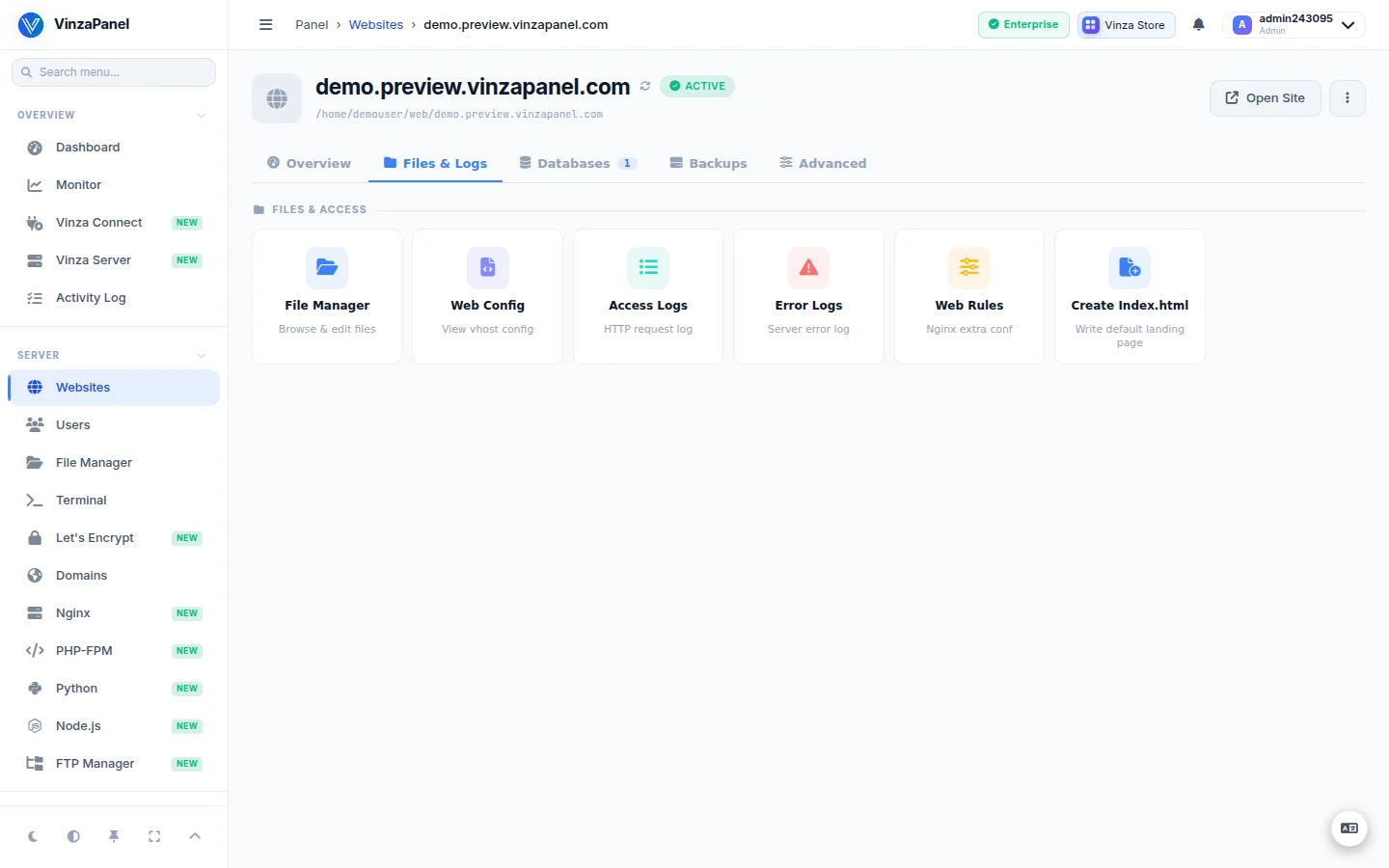 Files & Logs tab of a website with Access Logs and Error Logs tools