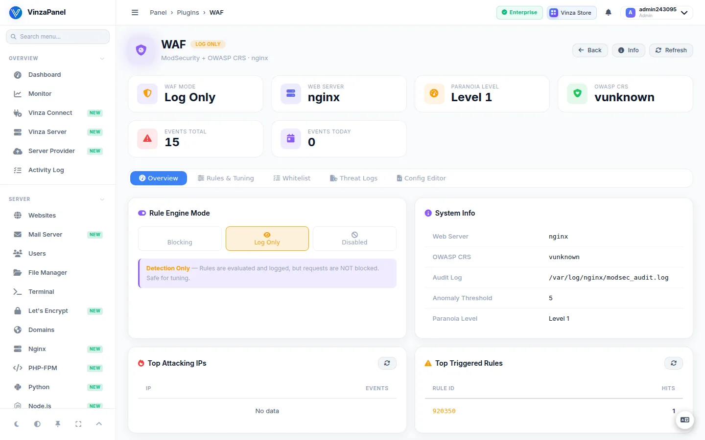 WAF Overview tab with the Rule Engine Mode switch, events today, top attacking IPs and system info