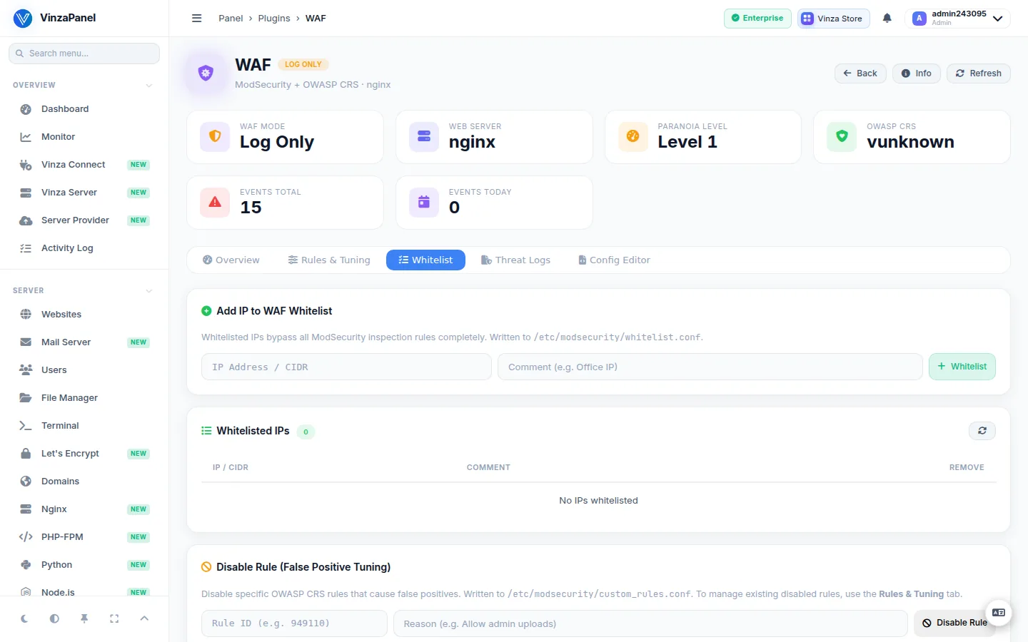 WAF Whitelist tab with the Add IP form, the whitelisted IPs list and the Disable Rule form