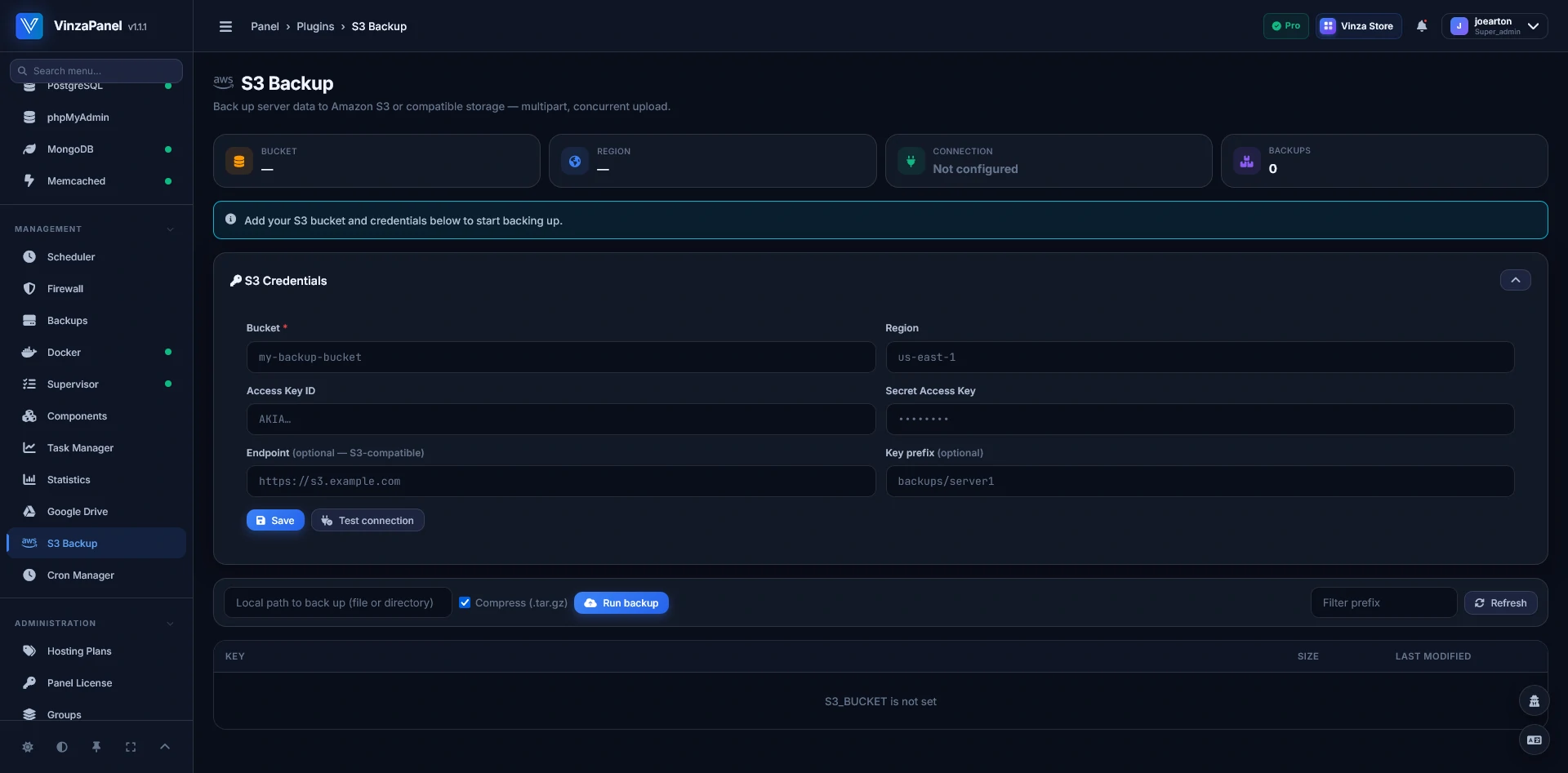 VinzaPanel — S3 Backup
