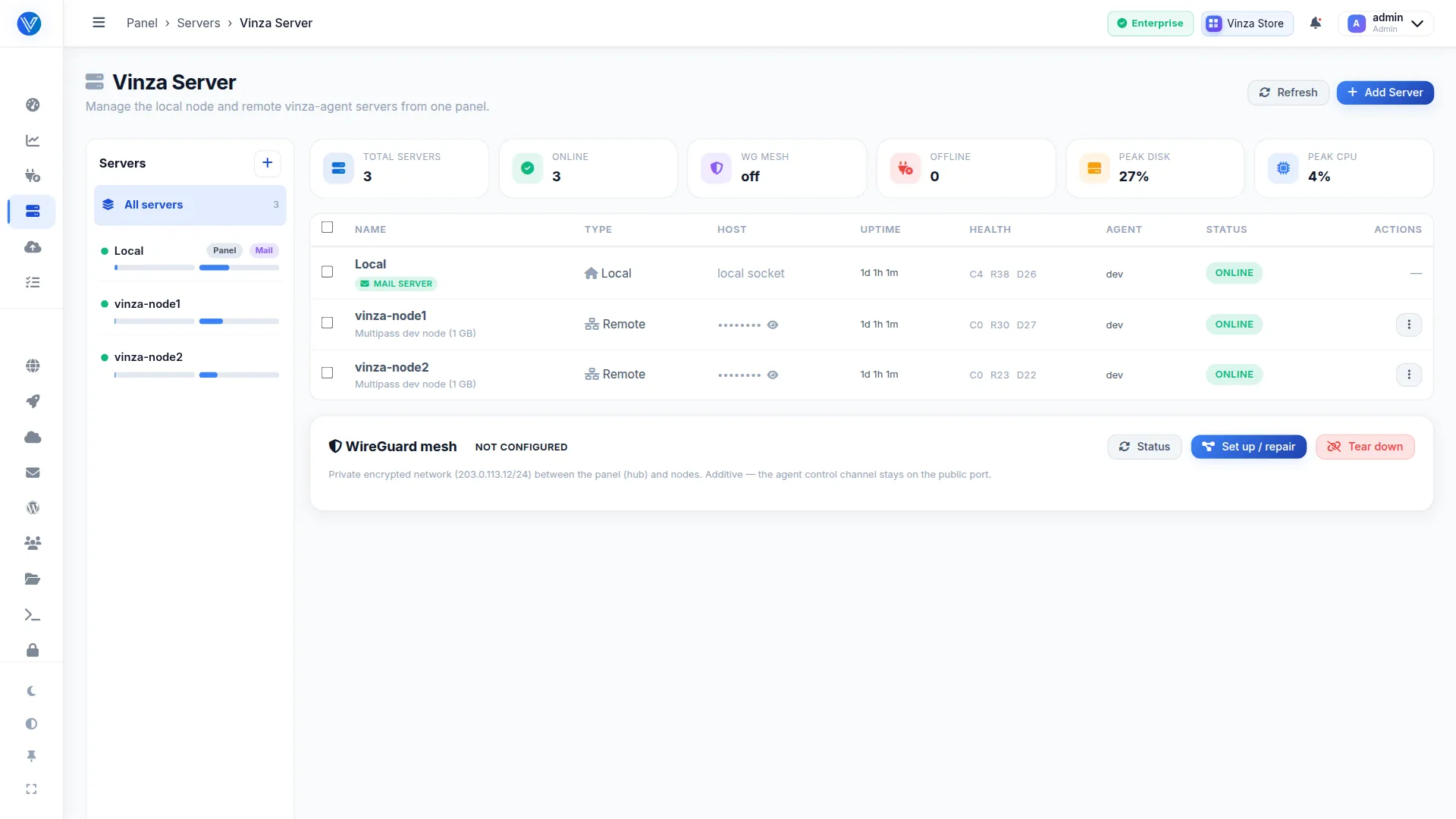 The Vinza Server page managing the local server and two remote nodes