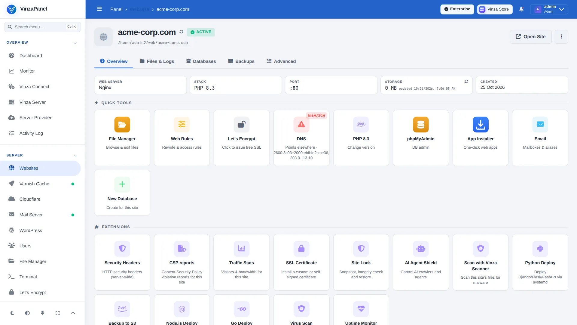 Direct Panel template — Managing one website