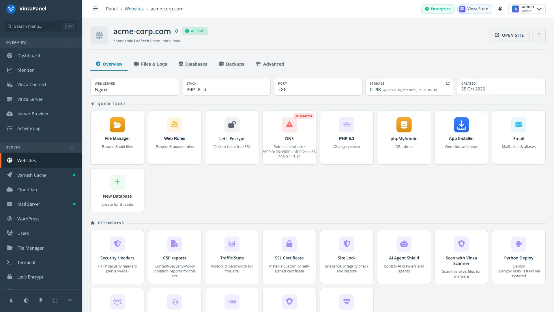 Expensive Panel template — Managing one website