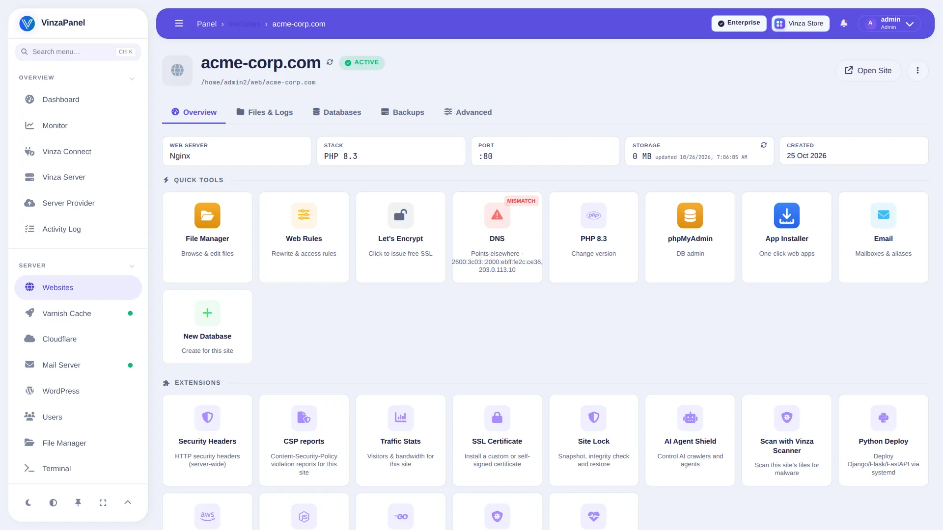 Friendly Panel template — Managing one website