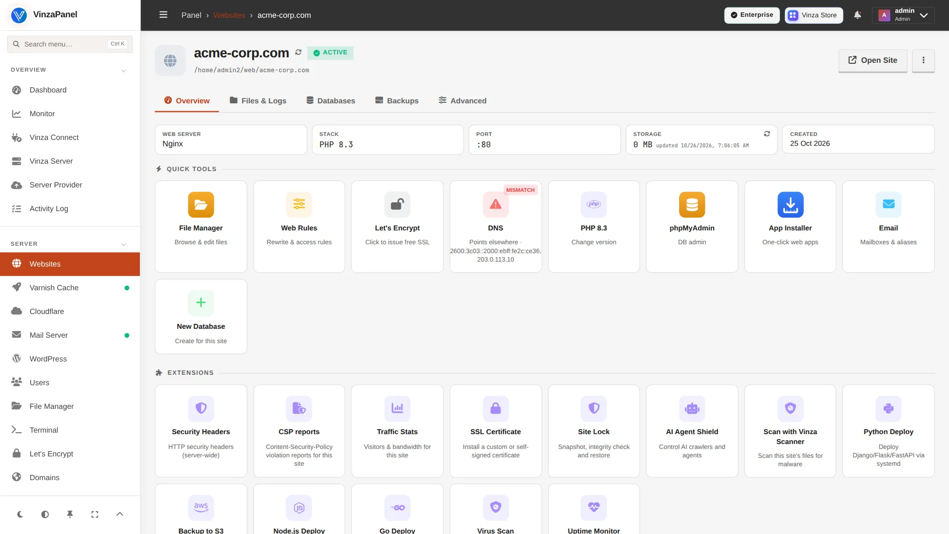 Hearth Panel template — Managing one website