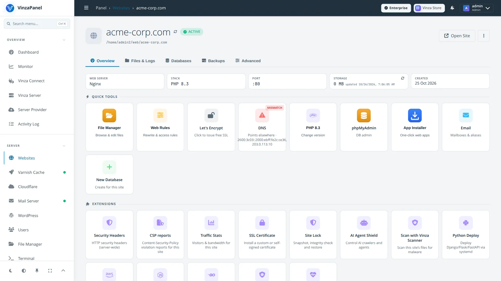 Smooth Panel template — Managing one website