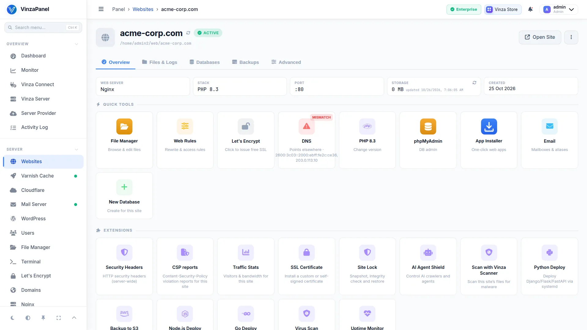 Vinza (Default) template — Managing one website
