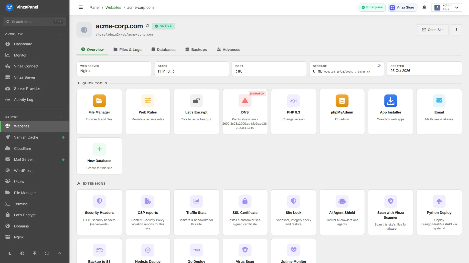 Web Mini Panel template — Managing one website