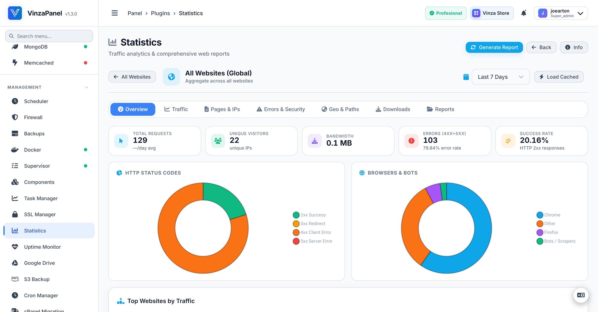 The Statistics plugin showing traffic analytics with status-code and browser charts