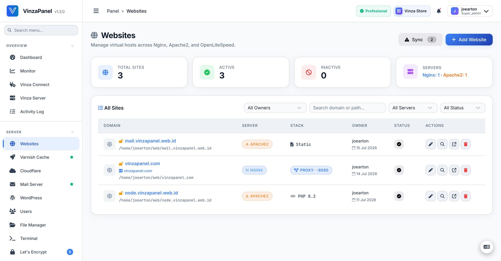 The Websites list showing virtual hosts running on Nginx and Apache